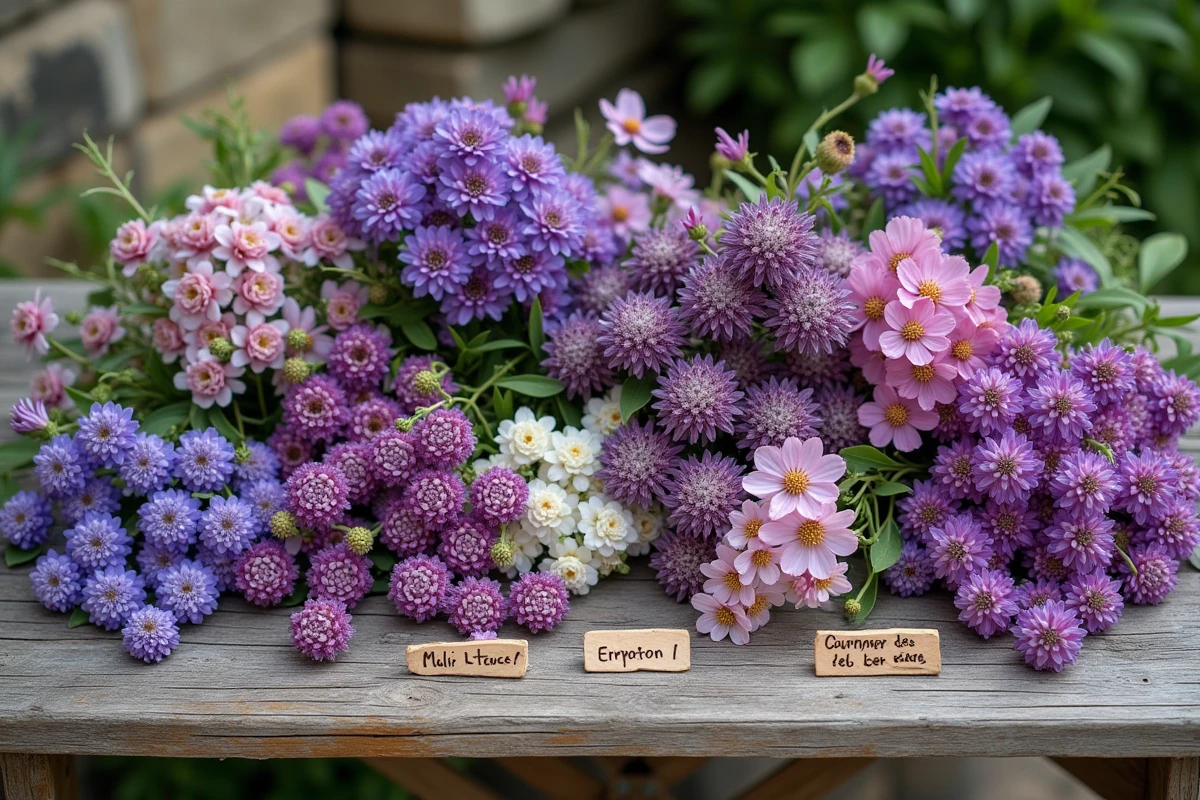 Violettes sauvages étiquetées sur une table en bois rustique