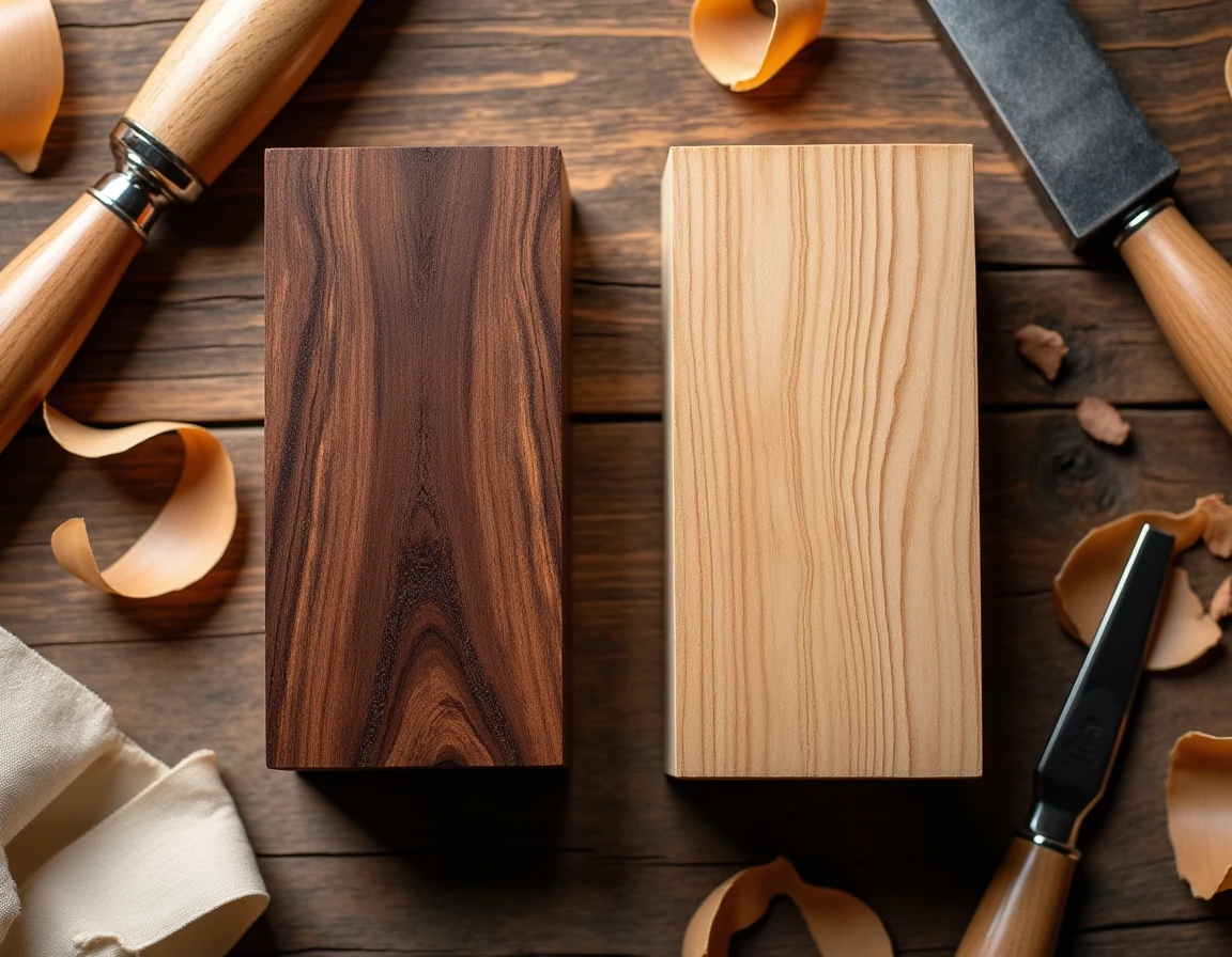 Comparaison de bois dur et bois tendre pour la sculpture, bloc de noyer et pin sur établi d'atelier