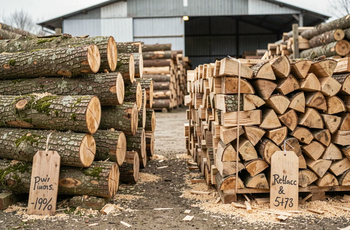 Comparaison bois grume et bûches prêtes à l'emploi dans un dépôt de bois de chauffage