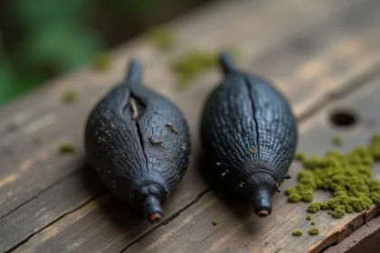 Comparaison côte à côte de crottes de crapaud et de crottes de rat sur une planche en bois vieillie dans un jardin