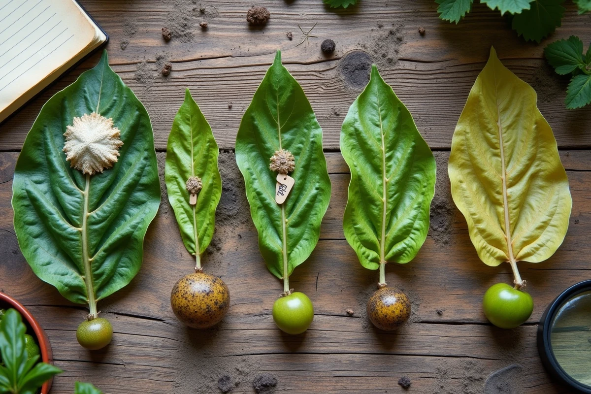 Présentation à plat de feuilles et tomates malades sur une table de jardin en bois, illustrant différents stades de maladies courantes