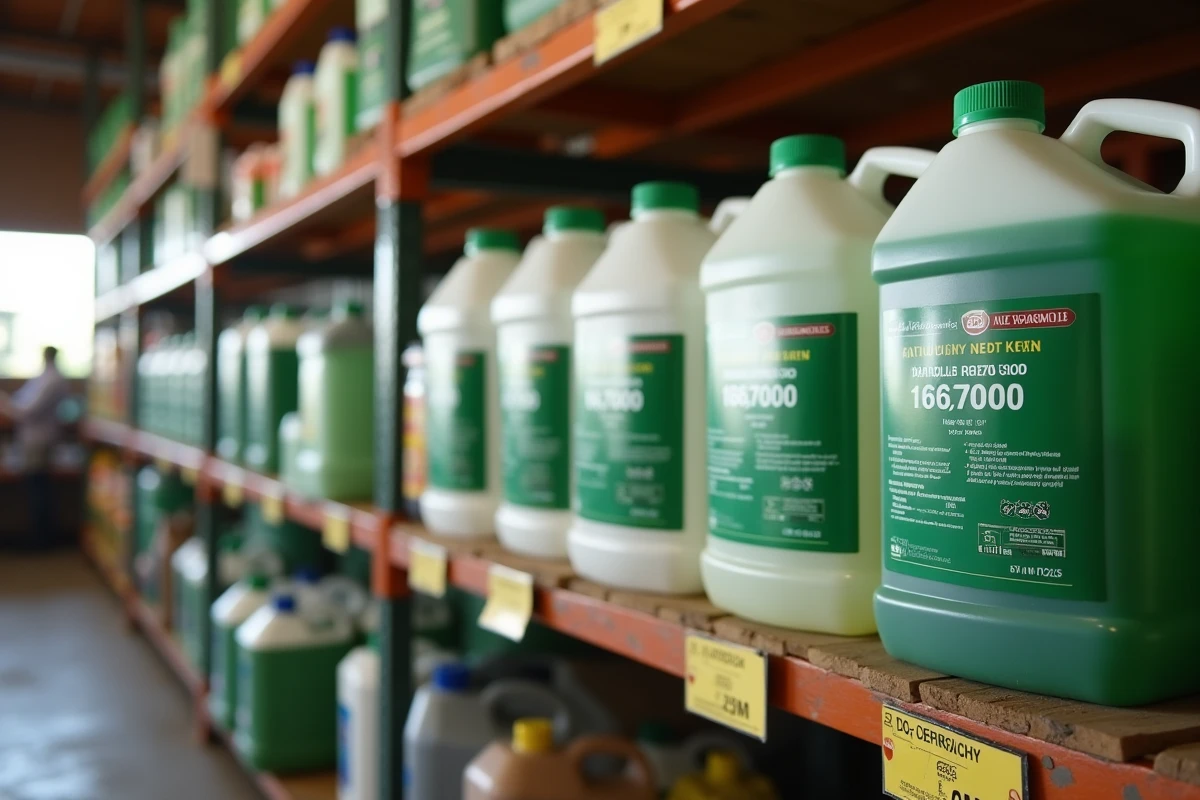 Comparaison de bouteilles de glyphosate en rayon dans un magasin agricole avec étiquettes de prix