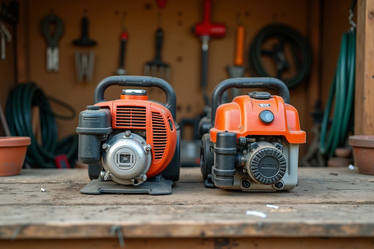 Comparaison d'un rotofil électrique et thermique posés côte à côte sur un établi en bois dans un abri de jardin