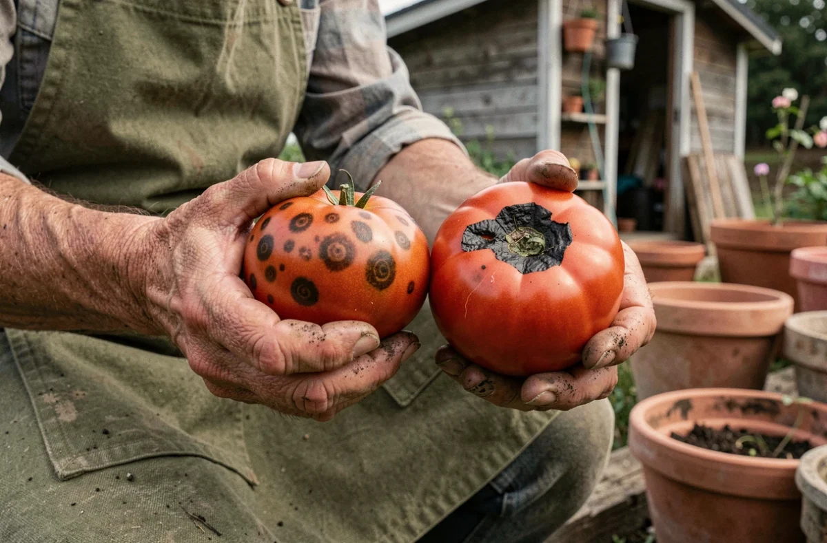 Comparaison entre tache noire sur tomate due à une maladie fongique et cul noir causé par une carence en calcium, tenues dans des mains de jardinier