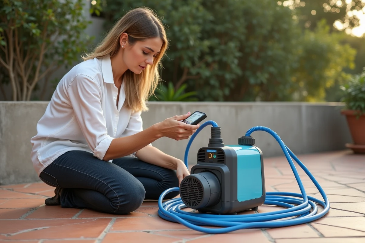 Femme mesurant la consommation électrique d'une pompe Intex avec un compteur numérique sur une terrasse carrelée