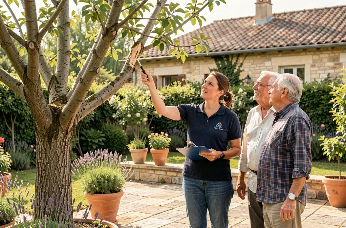 Élagueuse professionnelle en consultation avec des propriétaires dans leur jardin pour évaluer l'état d'un arbre au Mans