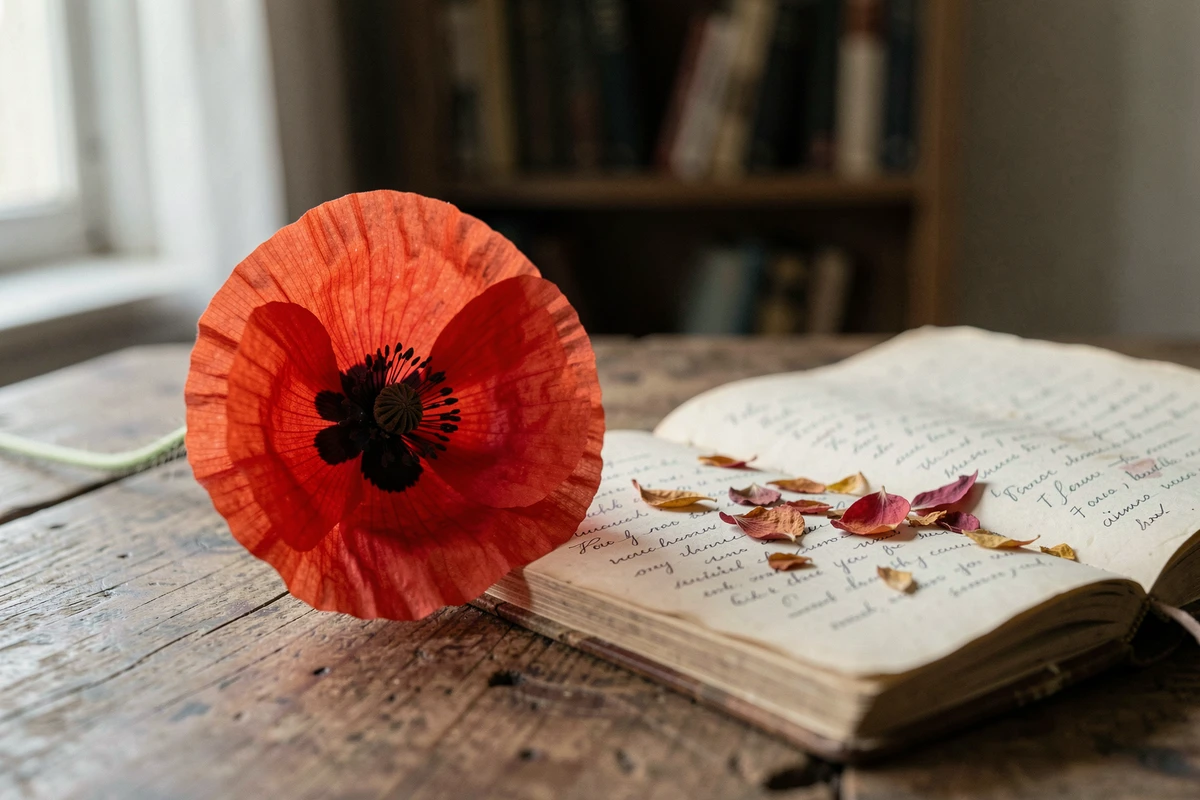 Coquelicot rouge posé sur un journal de rêves vintage ouvert sur une table en bois