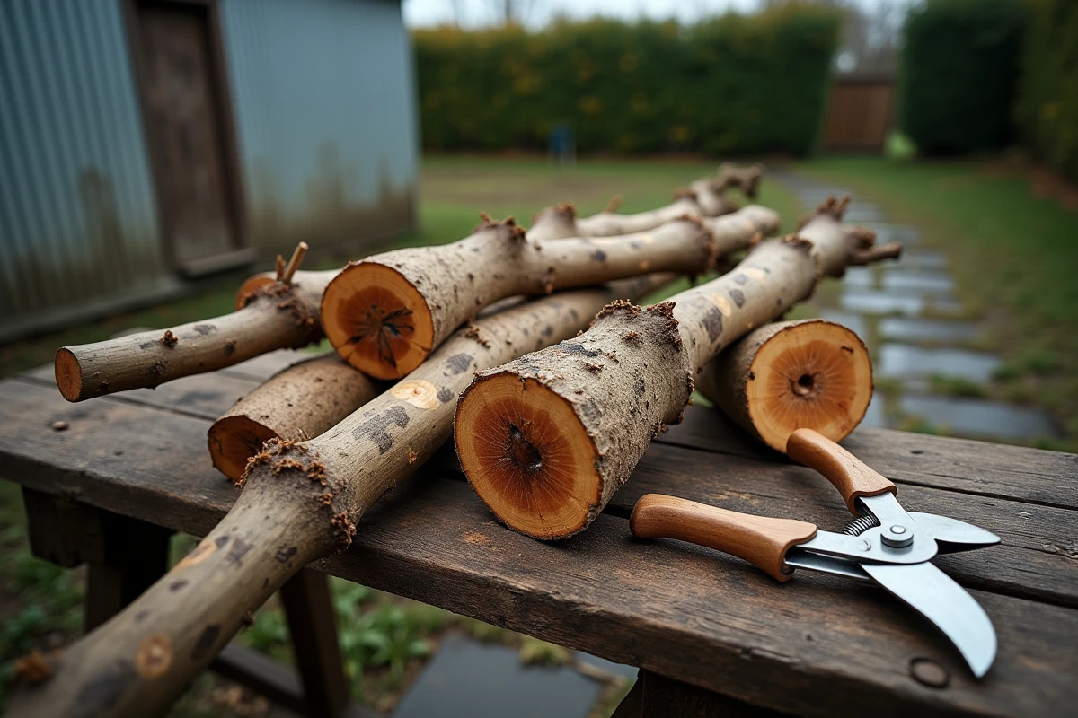 Gros plan sur des coupes de branches de mûrier platane malades révélant des lésions internes et des outils de taille sanitaire