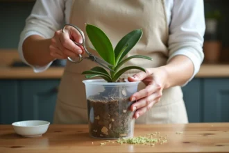 Femme coupant les racines aériennes d'une orchidée dans un pot transparent avec des ciseaux, gros plan sur les racines visibles