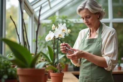 Femme coupant une tige d'orchidée Phalaenopsis avec un sécateur pour favoriser une seconde floraison