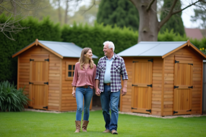 Couple souriant devant deux abris de jardin en bois