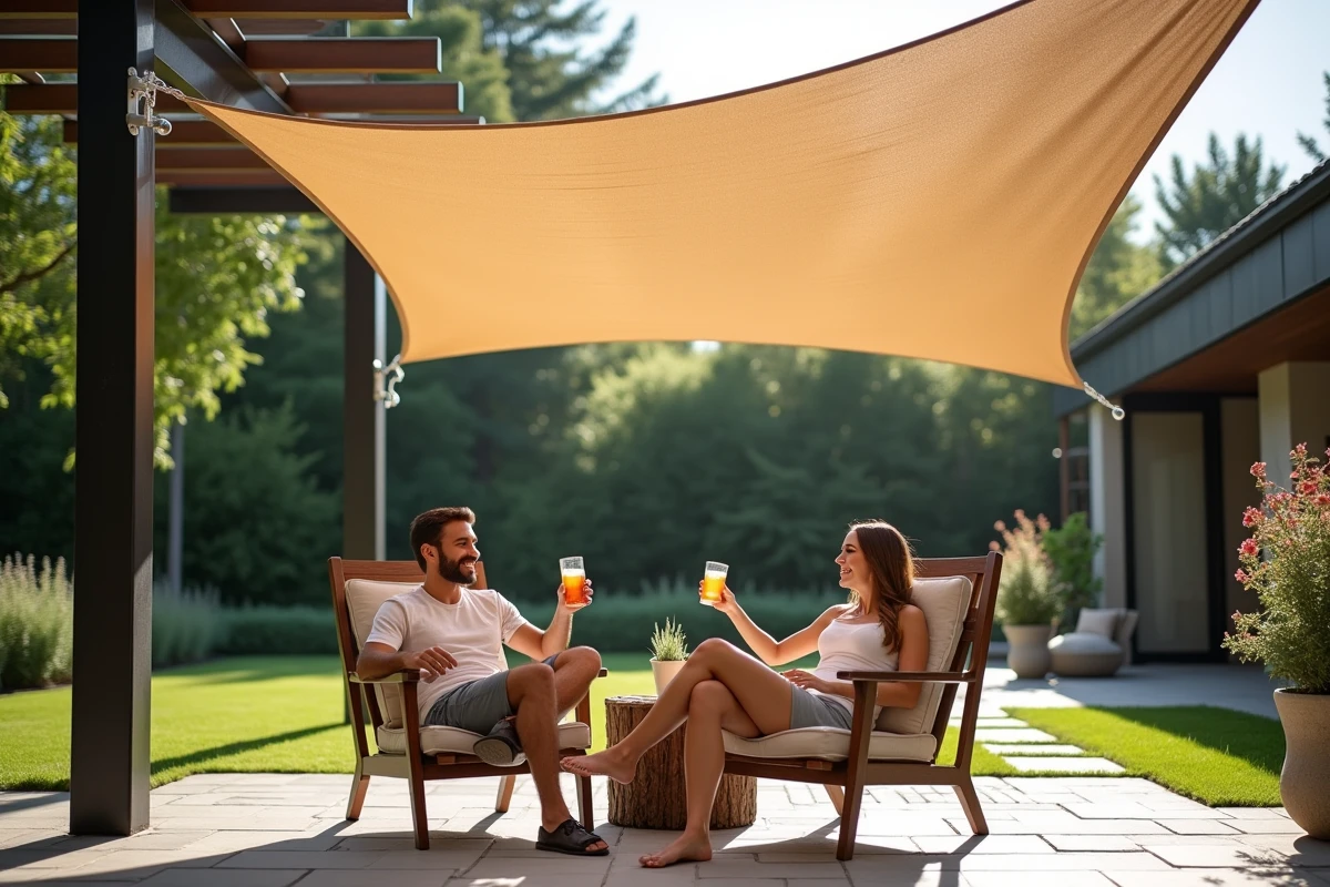 Jeune couple détendu sous une voile d ombrage dans le jardin