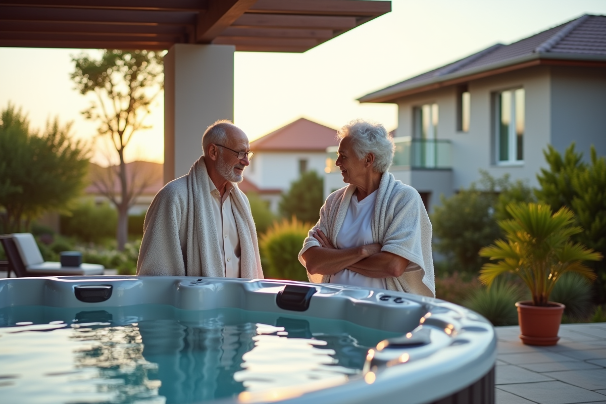 Couple âgé admirant le spa extérieur dans un jardin