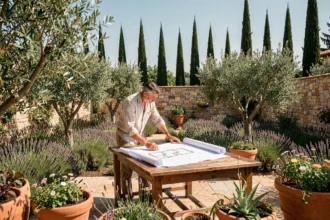 Paysagiste professionnel consultant des plans dans un jardin méditerranéen en Occitanie, entouré de lavande, d'oliviers et de plantes régionales