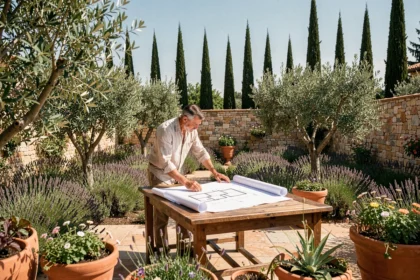 Paysagiste professionnel consultant des plans dans un jardin méditerranéen en Occitanie, entouré de lavande, d'oliviers et de plantes régionales