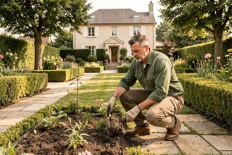 Jardinier professionnel aménageant un jardin paysager soigné en Seine-et-Marne, avec allées, pelouse et massifs fleuris