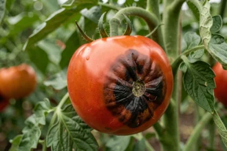 Tomate sur pied présentant une tache noire au cul de bœuf, symptôme typique de la nécrose apicale ou cul noir de la tomate
