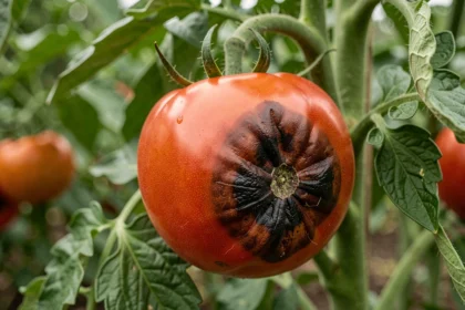 Tomate sur pied présentant une tache noire au cul de bœuf, symptôme typique de la nécrose apicale ou cul noir de la tomate