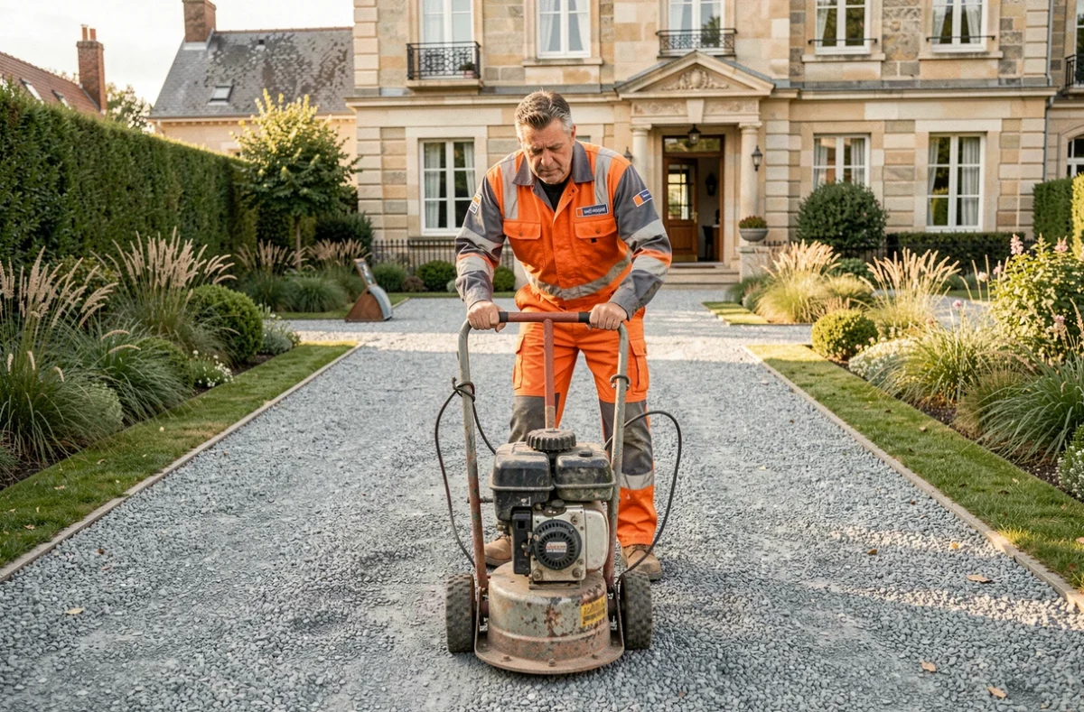 Ouvrier Daniel Moquet en uniforme posant une allée en gravier dans un jardin parisien avec maison en pierre