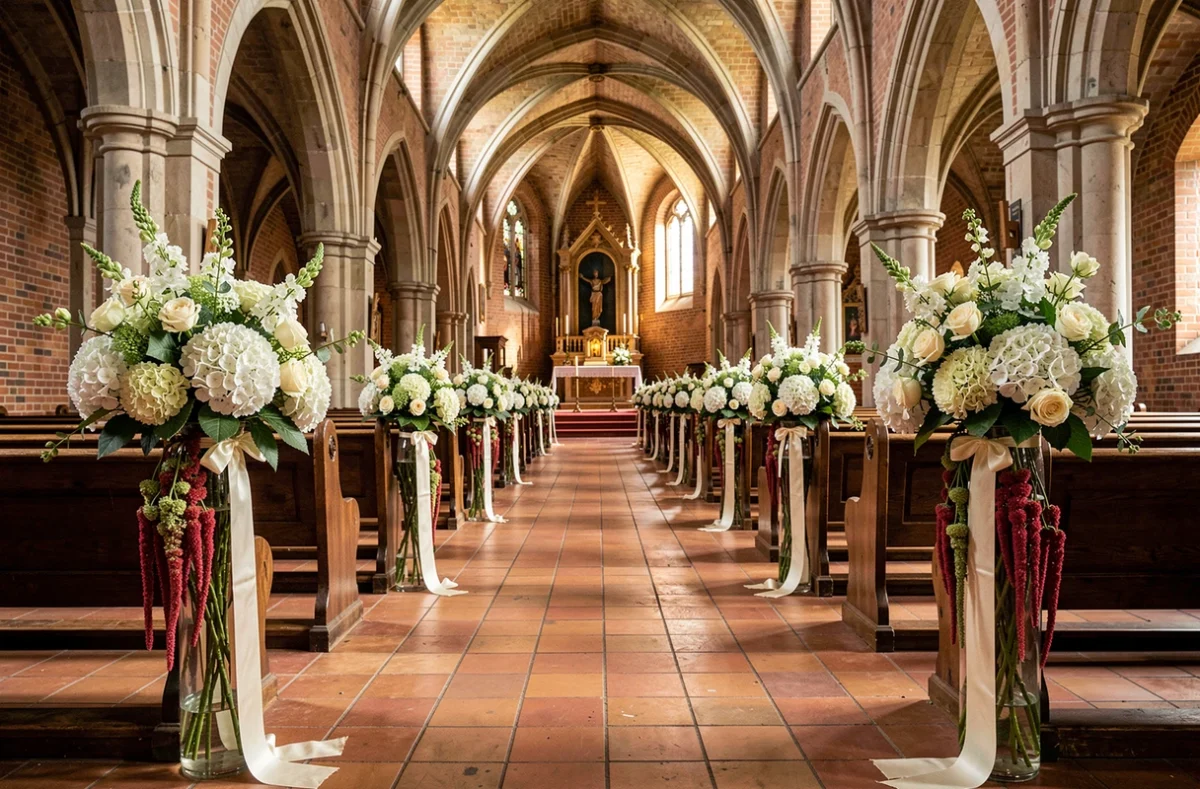 Décoration florale d'allée de cérémonie de mariage dans une église de style flamand à Lille avec roses et hortensias blancs