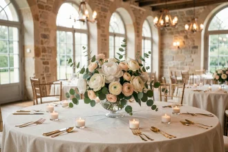 Centrepiece floral élégant avec pivoines et roses blanches sur table de mariage dans une salle de réception à Lille