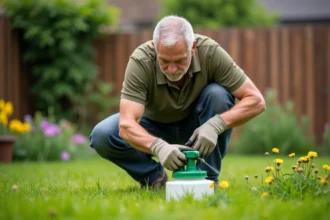 Homme appliquant un désherbant sélectif sur un gazon envahi de pissenlits dans un jardin résidentiel