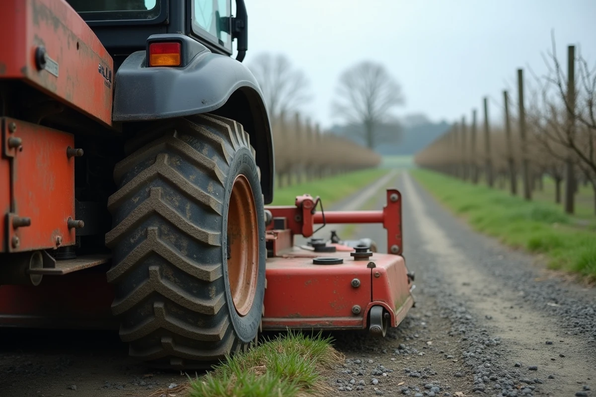 Détail du plateau de coupe d'une débroussailleuse autoportée professionnelle garée sur un chemin de ferme en gravier