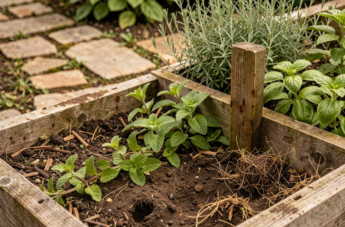 Détail d'un potager en carré permaculture montrant des erreurs d'associations de plantes et un paillage incomplet