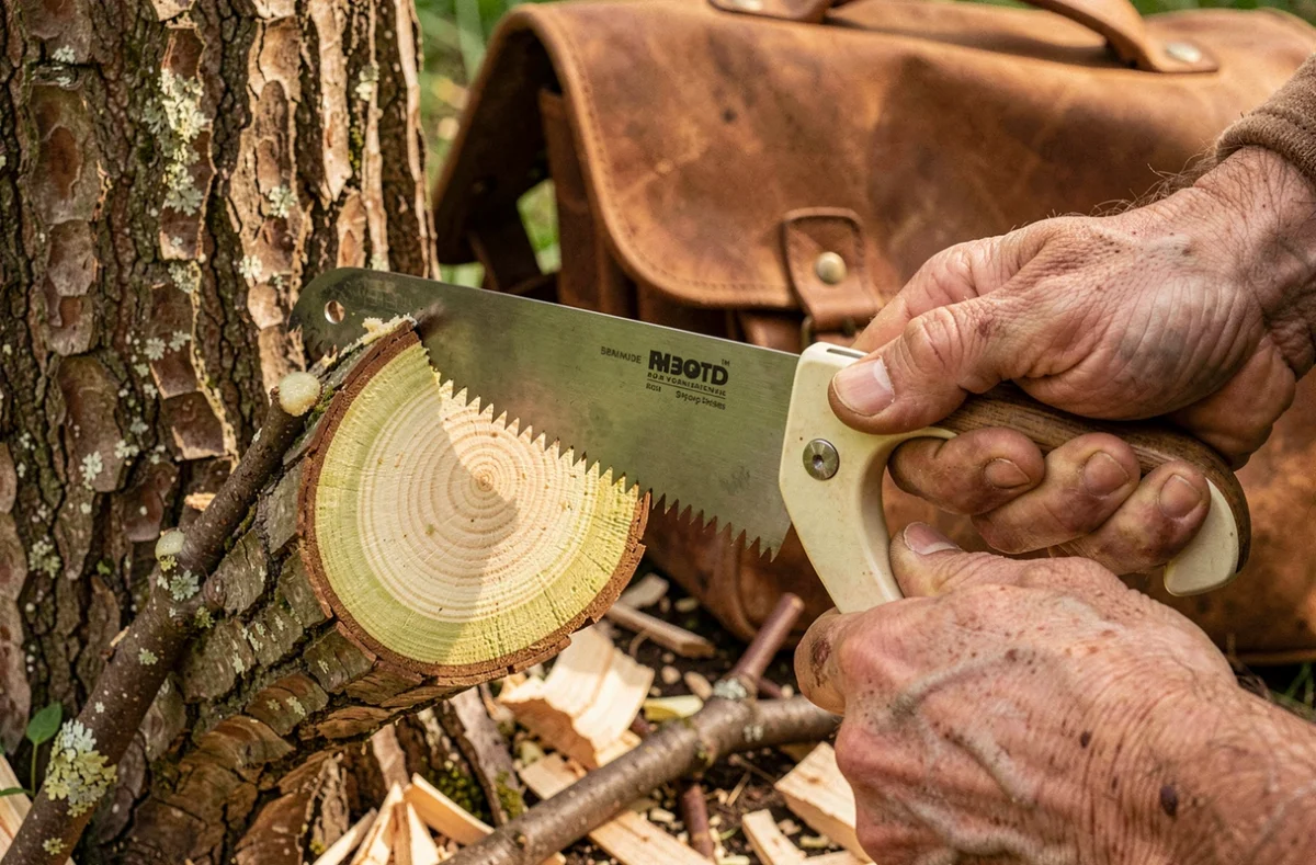 Gros plan sur des mains tenant une scie d'élagage professionnelle près d'une coupe fraîche sur un cèdre