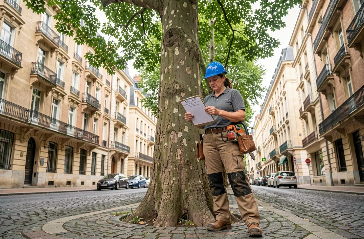Femme arboriste consultant un devis d'élagage au pied d'un tilleul en ville à Metz