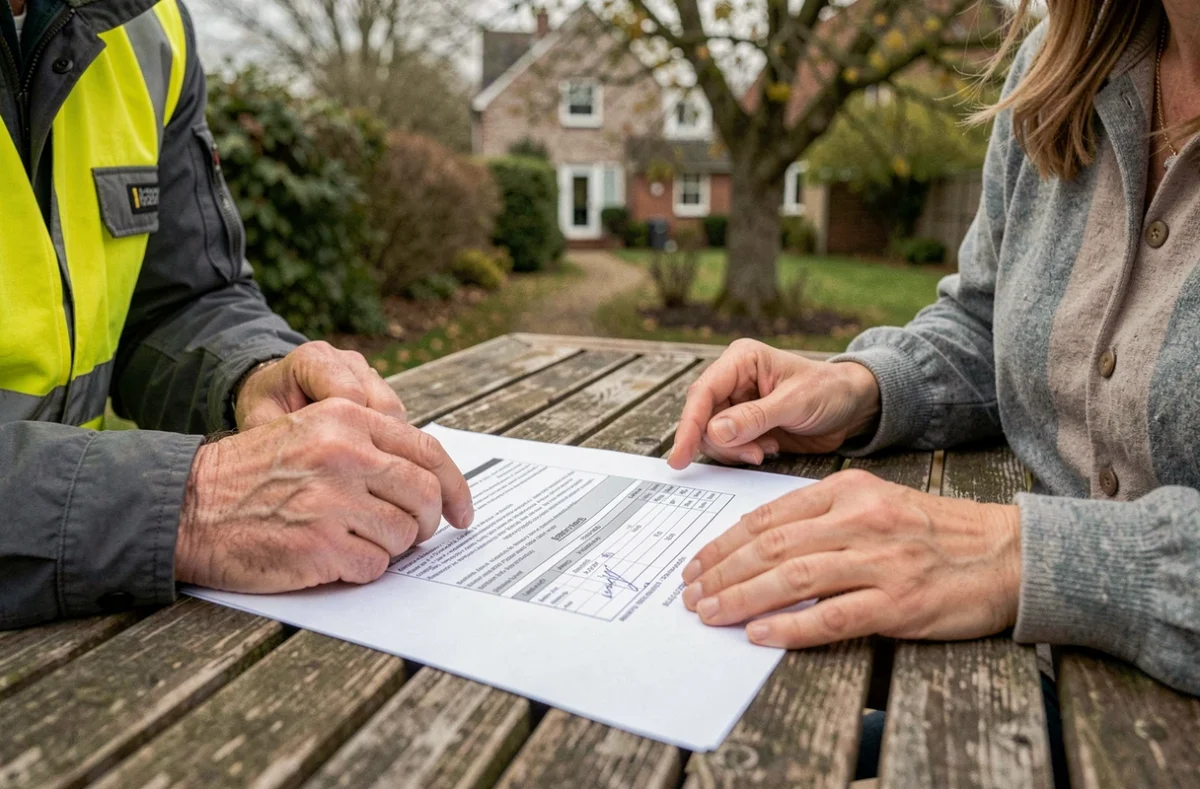Arboriste et propriétaire examinant un devis d'élagage sur une table de jardin