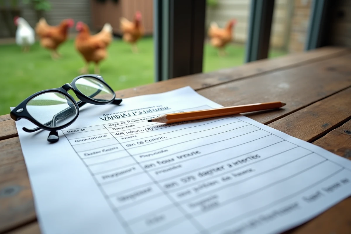 Document fiscal français sur une table en bois avec une paire de lunettes et un crayon, poulailler visible en arrière-plan
