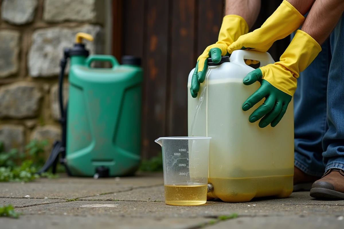 Mains gantées mesurant du glyphosate liquide depuis un bidon dans une cour de ferme