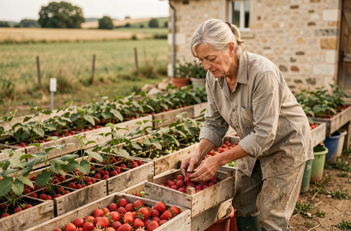 Récolte de petits fruits rouges dans les rangées de la production fruitière EARL Romat Duret en Charente