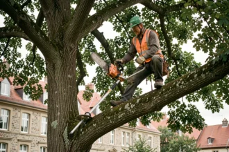 Arboriste professionnel en train d'élaguer un grand chêne dans un jardin résidentiel à Metz
