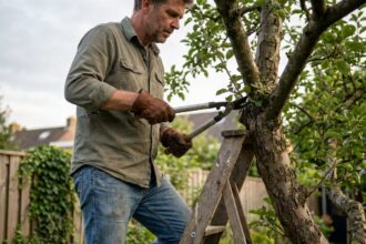 Homme élagage arbre fruitier échelle jardin résidentiel sans équipement professionnel