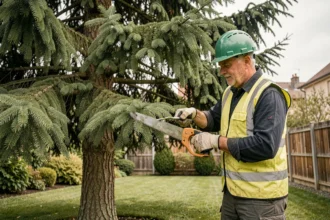 Arboriste professionnel équipé de protections individuelles effectuant l'élagage d'un cèdre dans un jardin résidentiel