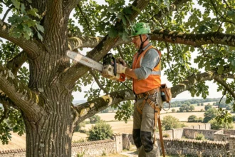 Élagueur professionnel en harnais taillant un chêne en hauteur à Lherm