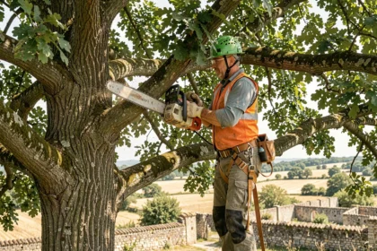 Élagueur professionnel en harnais taillant un chêne en hauteur à Lherm