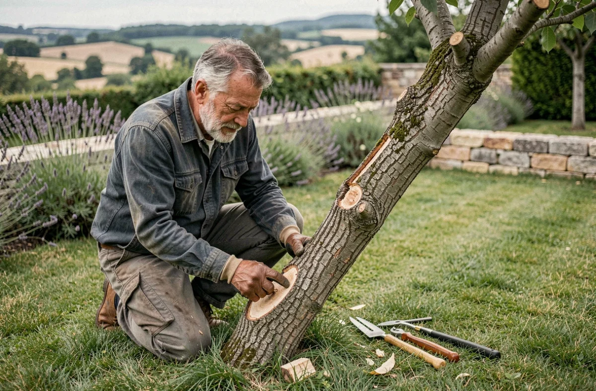 Élagueur expérimenté inspectant un arbre taillé dans un jardin privé en Occitanie