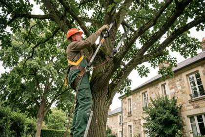 Élagueur professionnel en tenue de sécurité travaillant en hauteur dans un chêne dans un jardin résidentiel au Mans