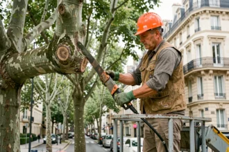 Élagueur professionnel en tenue de sécurité effectuant l'élagage d'un platane dans une rue résidentielle de Colombes