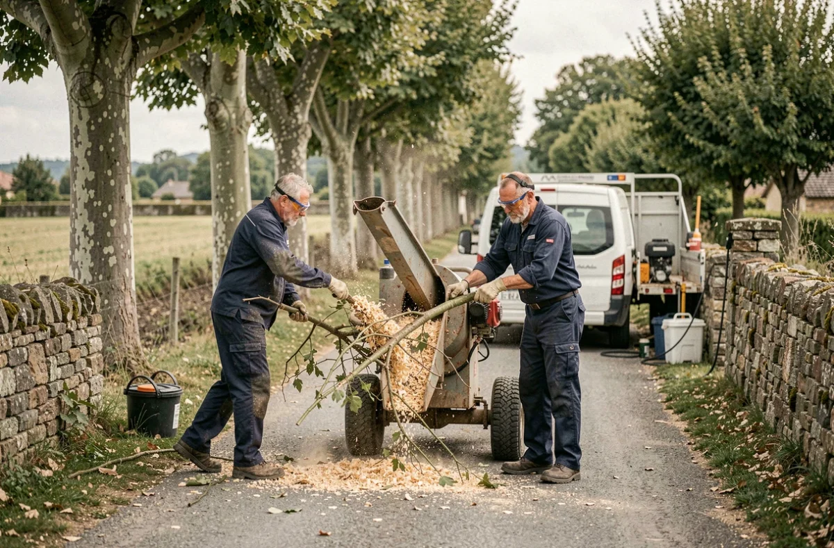 Deux élagueurs utilisant un broyeur de branches au bord d'une route à Lherm