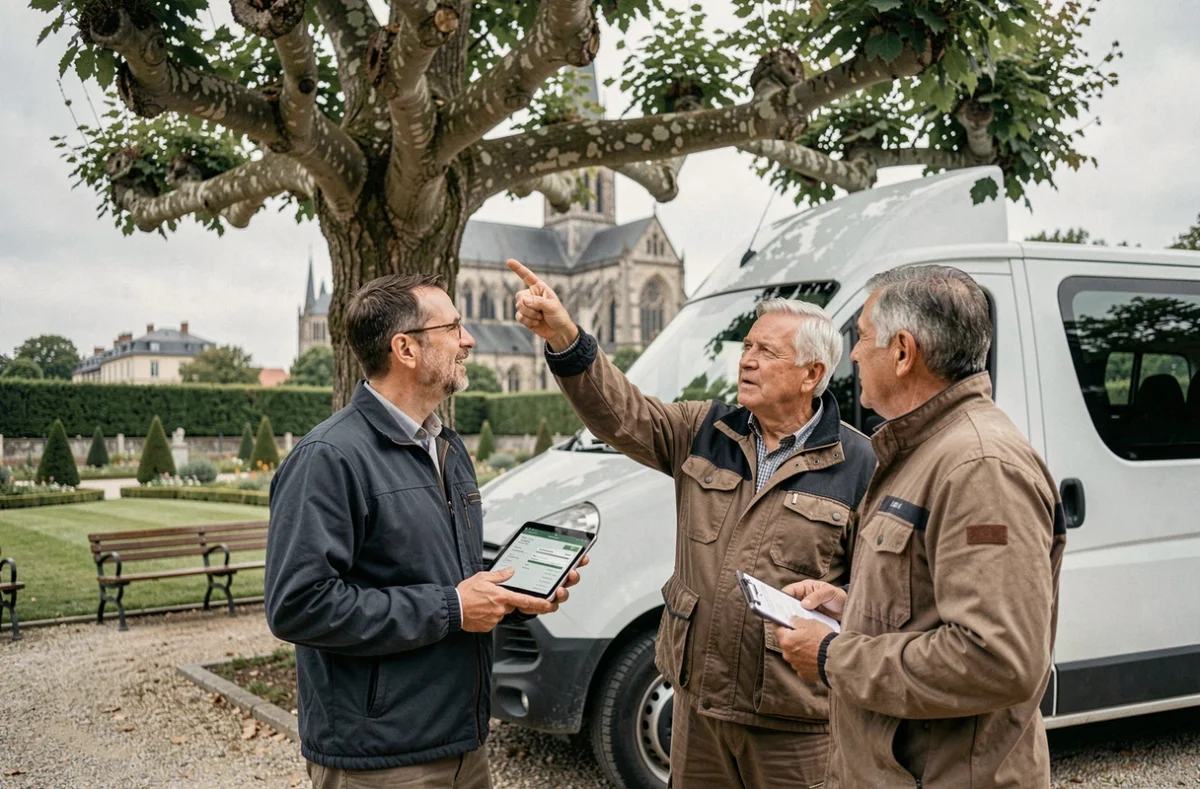 Deux élagueurs professionnels discutant d'un devis d'élagage à côté de leur camion dans un parc à Metz