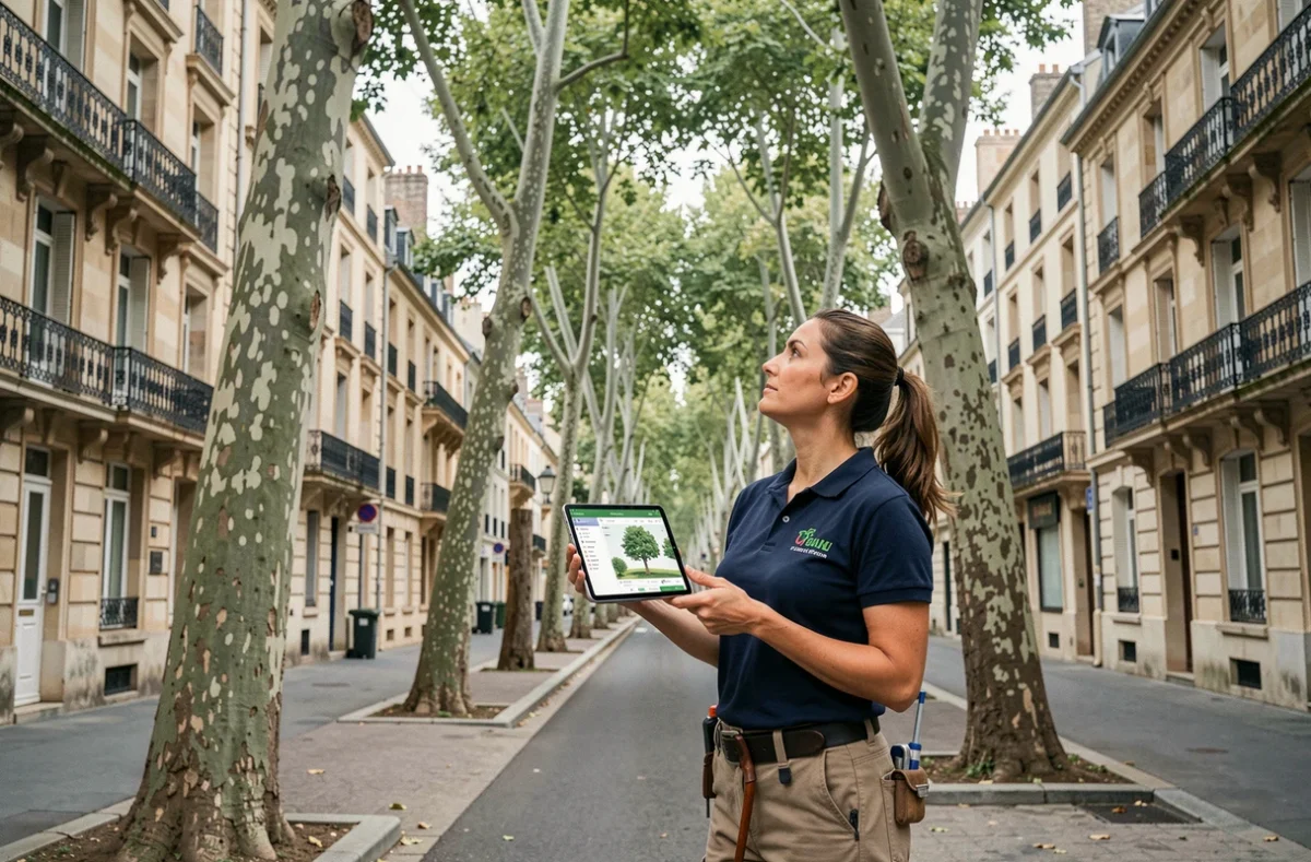 Élagueuse consultant une tablette numérique pour établir un devis sous les platanes de Saintes