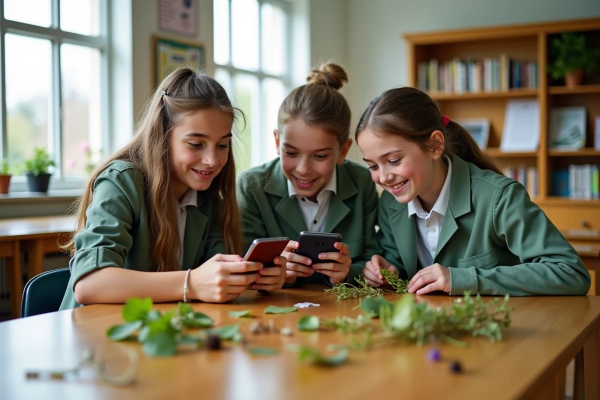 Élèves de collège utilisant l'application PlantNet en classe pour identifier des spécimens de plantes collectés lors d'une sortie scolaire