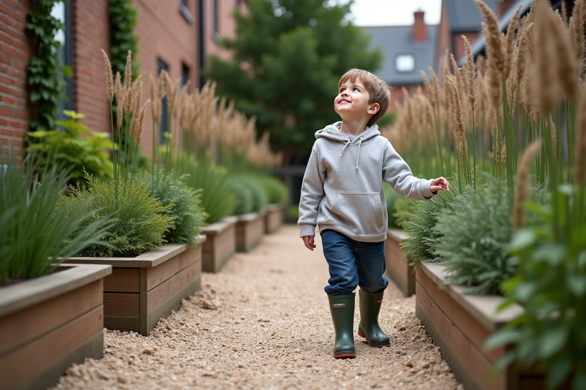 Jeune garçon explorant un chemin de gravier dans un jardin urbain