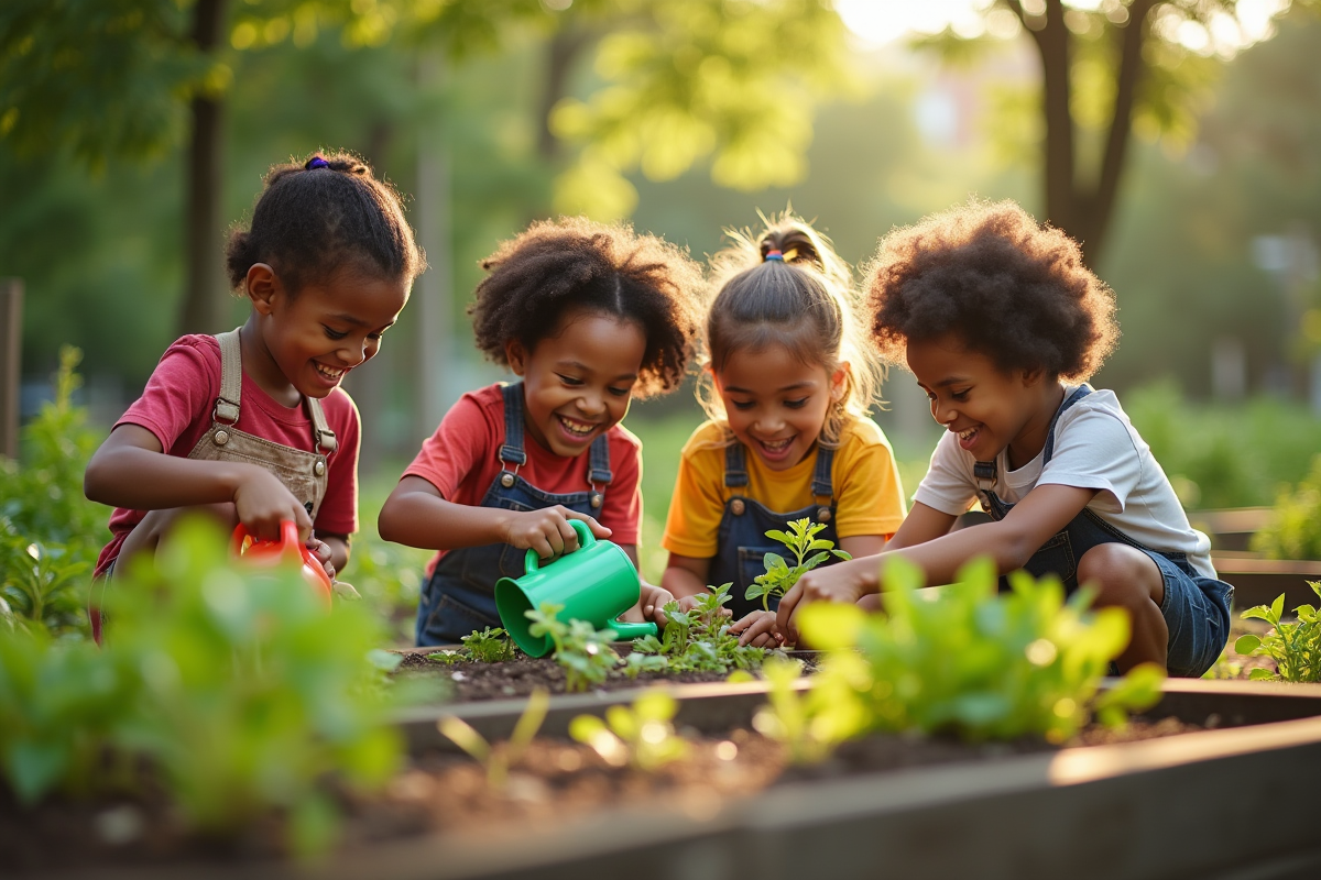 Enfants divers arrosant des légumes dans un jardin communautaire