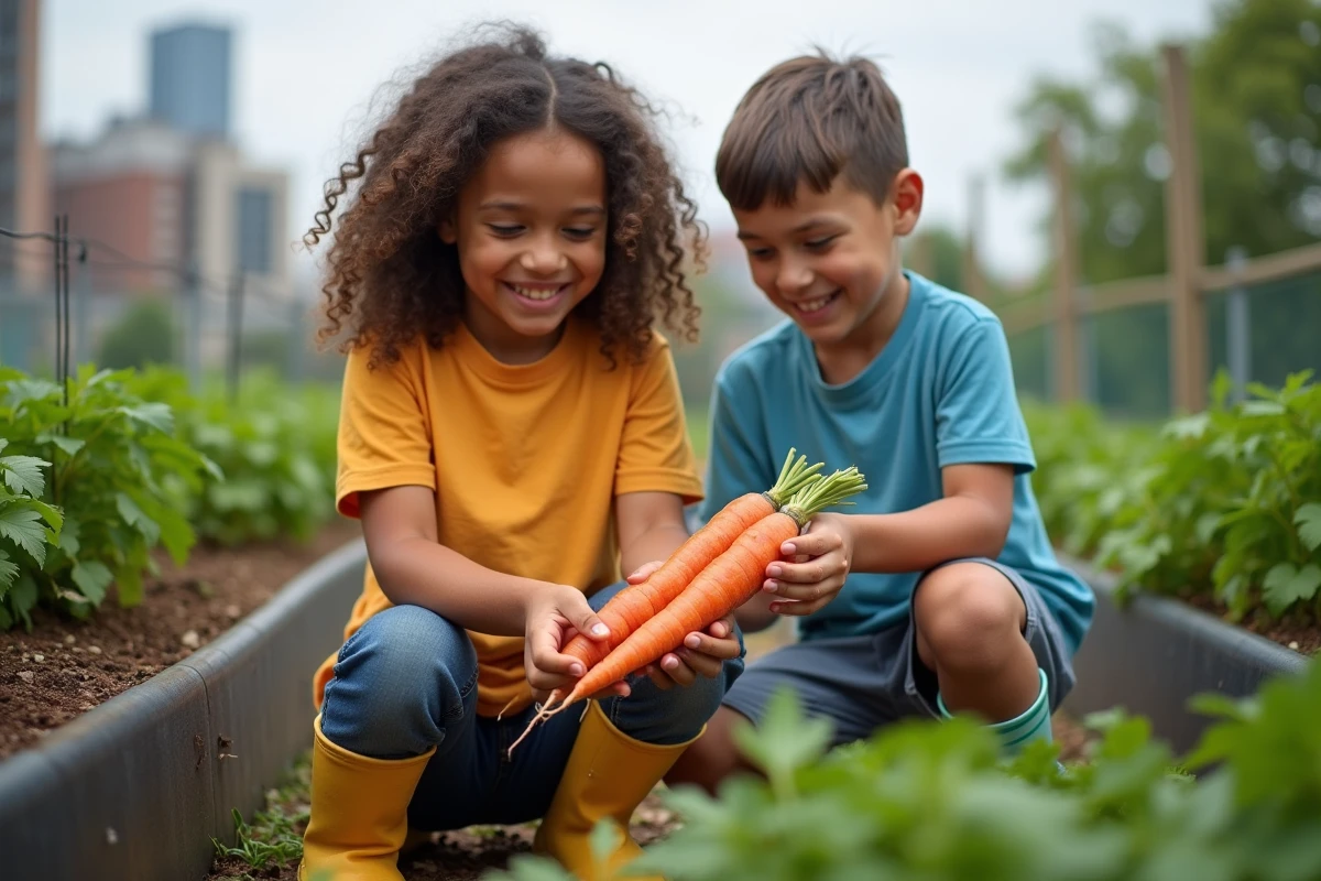 Enfants examinant des carottes dans un jardin urbain