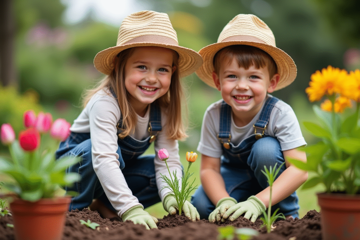 Jeune fille et garçon plantant des fleurs colorées dans le jardin